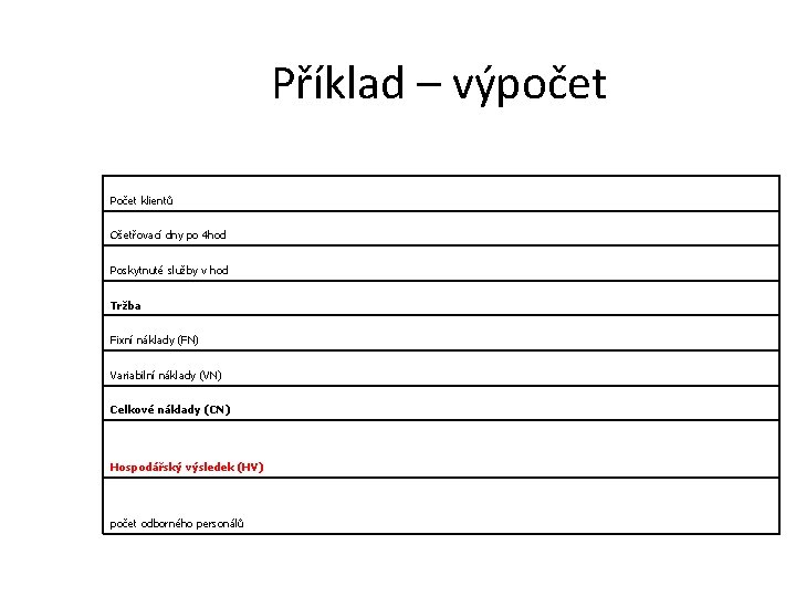 Příklad – výpočet Počet klientů Ošetřovací dny po 4 hod Poskytnuté služby v hod