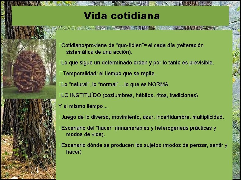 Vida cotidiana �Cotidiano/proviene de “quo-tidien”= el cada día (reiteración sistemática de una acción). .