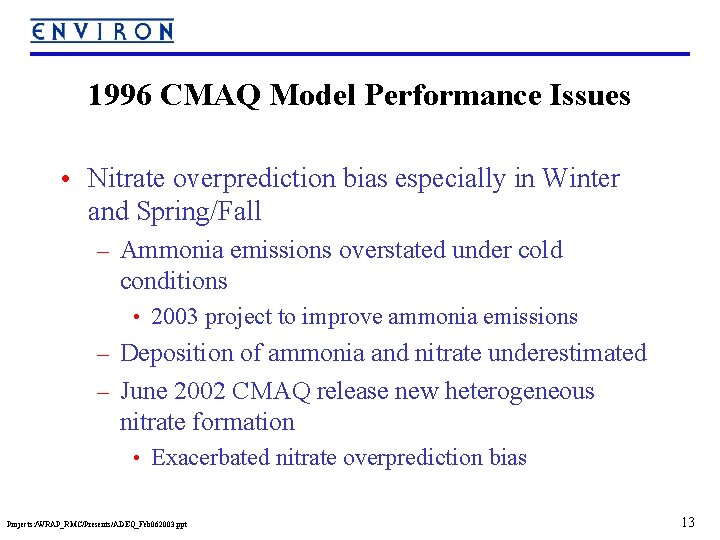 1996 CMAQ Model Performance Issues • Nitrate overprediction bias especially in Winter and Spring/Fall