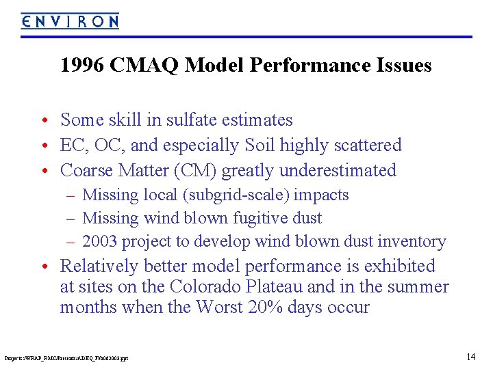 1996 CMAQ Model Performance Issues • Some skill in sulfate estimates • EC, OC,