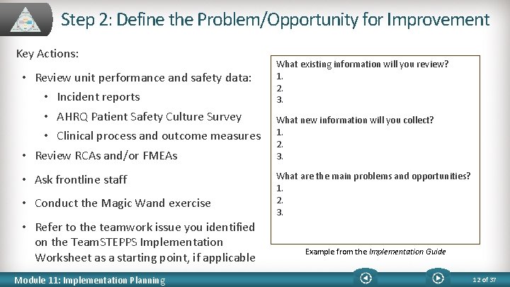 Step 2: Define the Problem/Opportunity for Improvement Key Actions: • Review unit performance and