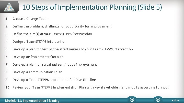10 Steps of Implementation Planning (Slide 5) 1. Create a Change Team 2. Define