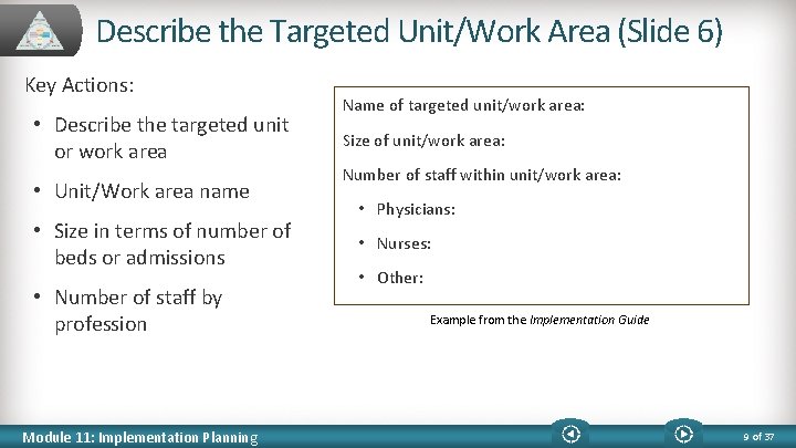 Describe the Targeted Unit/Work Area (Slide 6) Key Actions: • Describe the targeted unit