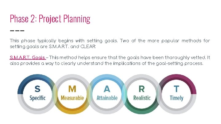 Phase 2: Project Planning This phase typically begins with setting goals. Two of the