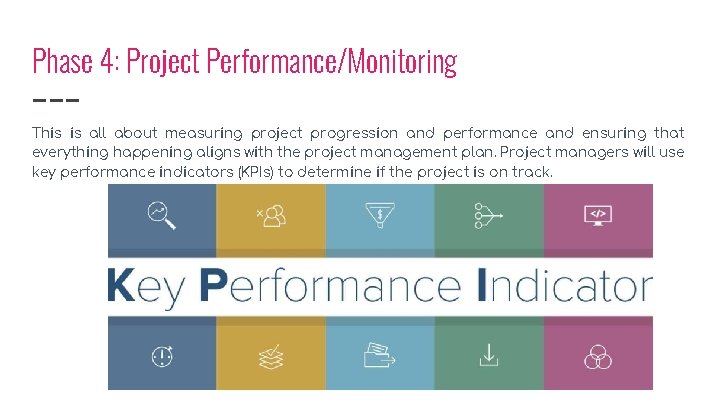 Phase 4: Project Performance/Monitoring This is all about measuring project progression and performance and