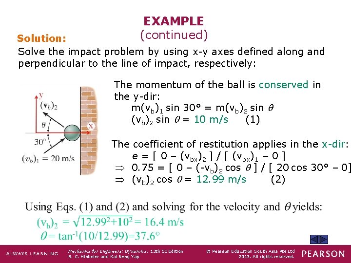 EXAMPLE (continued) Solution: Solve the impact problem by using x-y axes defined along and