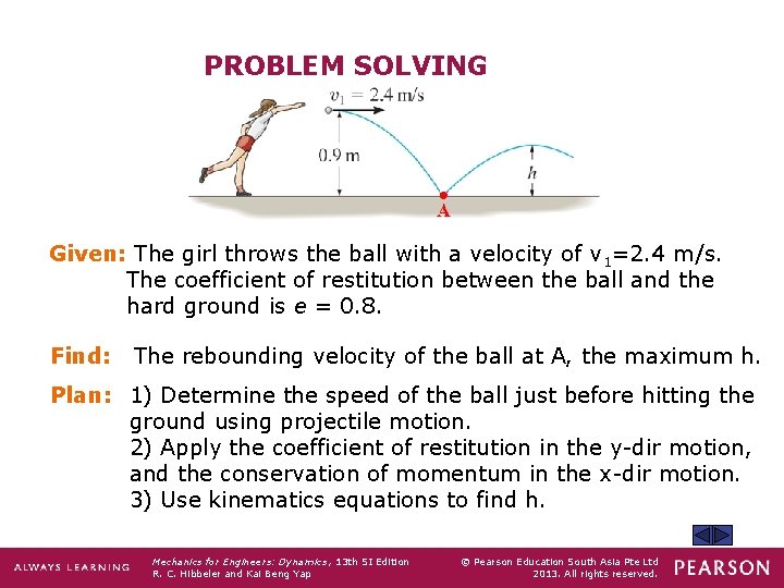PROBLEM SOLVING Given: The girl throws the ball with a velocity of v 1=2.