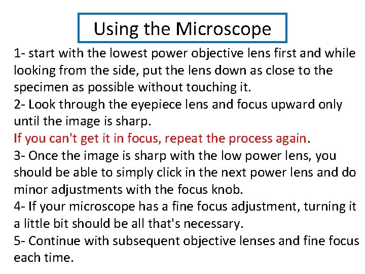 Using the Microscope 1 - start with the lowest power objective lens first and Using the Microscope 1 - start with the lowest power objective lens first and