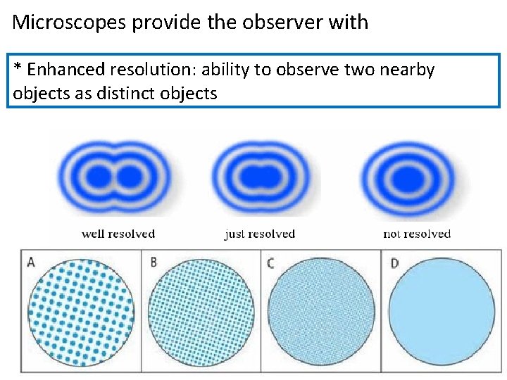 Microscopes provide the observer with * Enhanced resolution: ability to observe two nearby objects Microscopes provide the observer with * Enhanced resolution: ability to observe two nearby objects