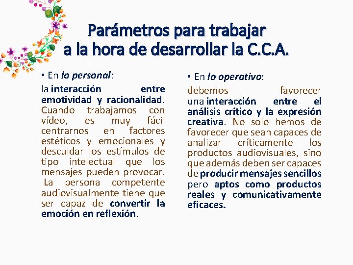 Parámetros para trabajar a la hora de desarrollar la C. C. A. • En Parámetros para trabajar a la hora de desarrollar la C. C. A. • En