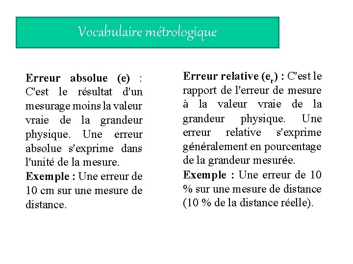 Vocabulaire métrologique Erreur absolue (e) : C'est le résultat d'un mesurage moins la valeur