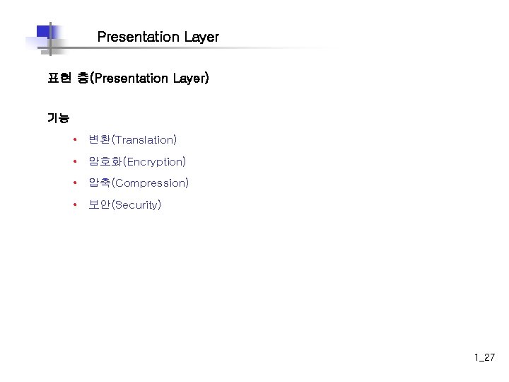 Presentation Layer 표현 층(Presentation Layer) 기능 • 변환(Translation) • 암호화(Encryption) • 압축(Compression) • 보안(Security)