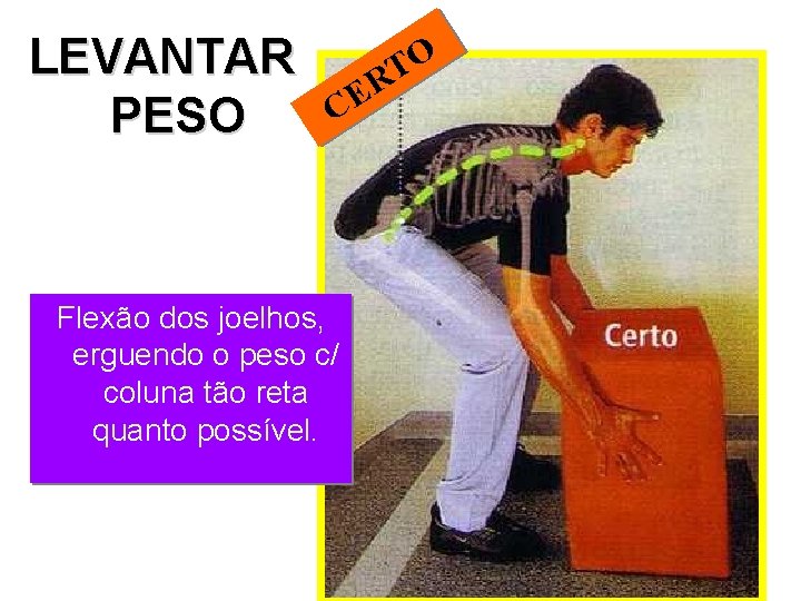 LEVANTAR PESO C O T ER Flexão dos joelhos, erguendo o peso c/ coluna LEVANTAR PESO C O T ER Flexão dos joelhos, erguendo o peso c/ coluna