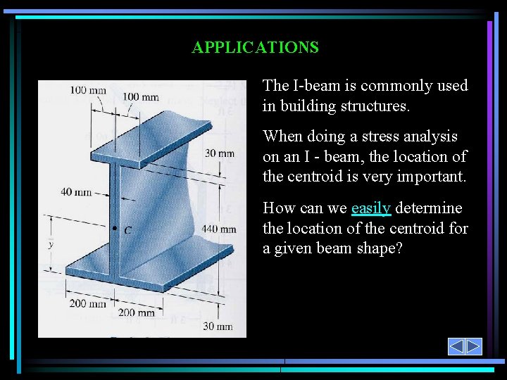 APPLICATIONS The I-beam is commonly used in building structures. When doing a stress analysis