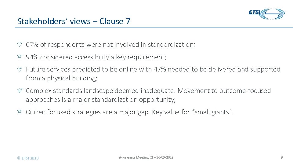 Stakeholders’ views – Clause 7 67% of respondents were not involved in standardization; 94%