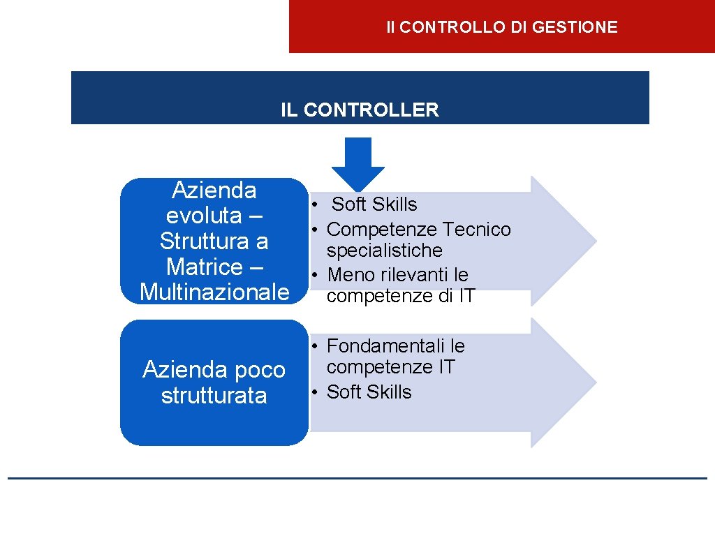 Il CONTROLLO DI GESTIONE IL CONTROLLER Azienda • Soft Skills evoluta – • Competenze
