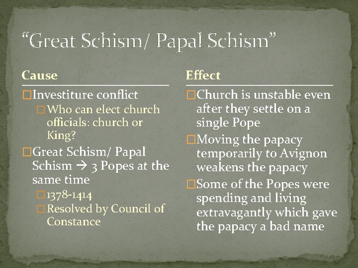 “Great Schism/ Papal Schism” Cause Effect �Investiture conflict �Church is unstable even � Who “Great Schism/ Papal Schism” Cause Effect �Investiture conflict �Church is unstable even � Who