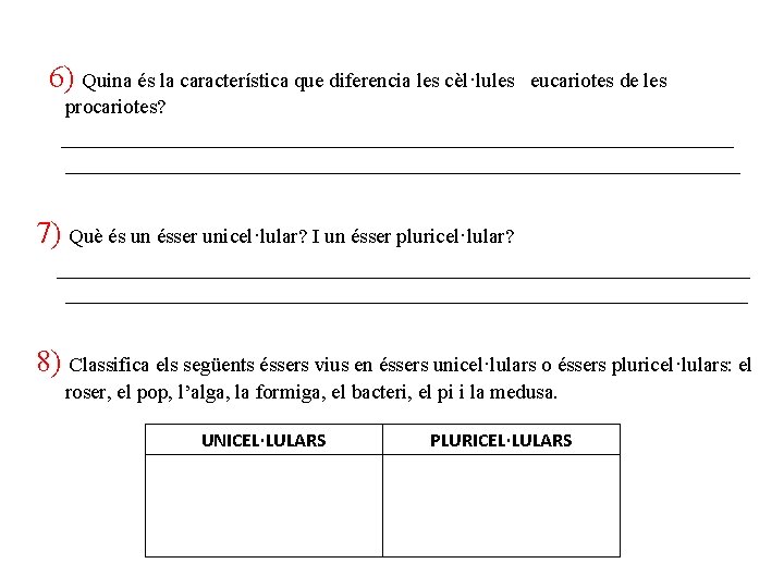 6) Quina és la característica que diferencia les cèl·lules eucariotes de les procariotes? _________________________________