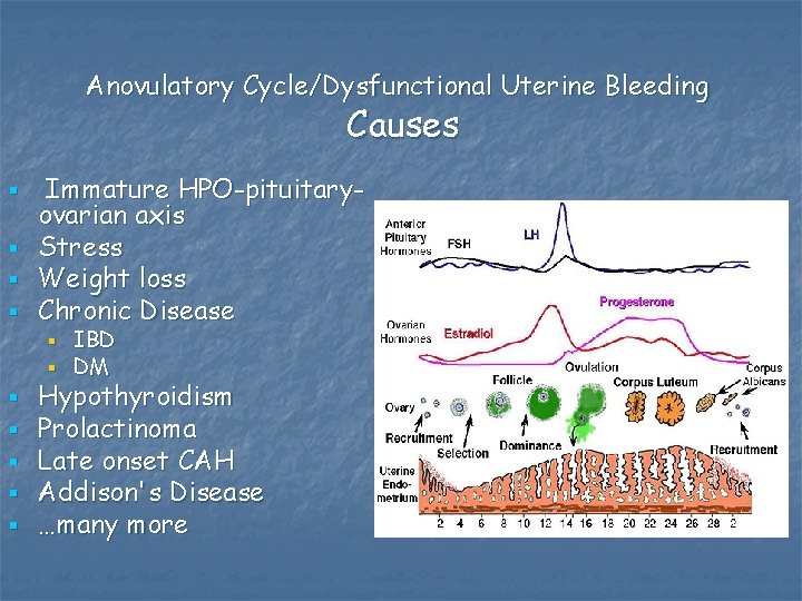 Anovulatory Cycle/Dysfunctional Uterine Bleeding Causes § § Immature HPO-pituitaryovarian axis Stress Weight loss Chronic