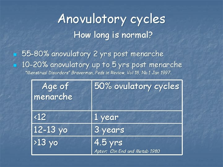 Anovulotory cycles How long is normal? n n 55 -80% anovulatory 2 yrs post