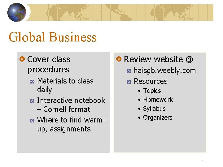 Global Business Cover class procedures Materials to class daily Interactive notebook – Cornell format