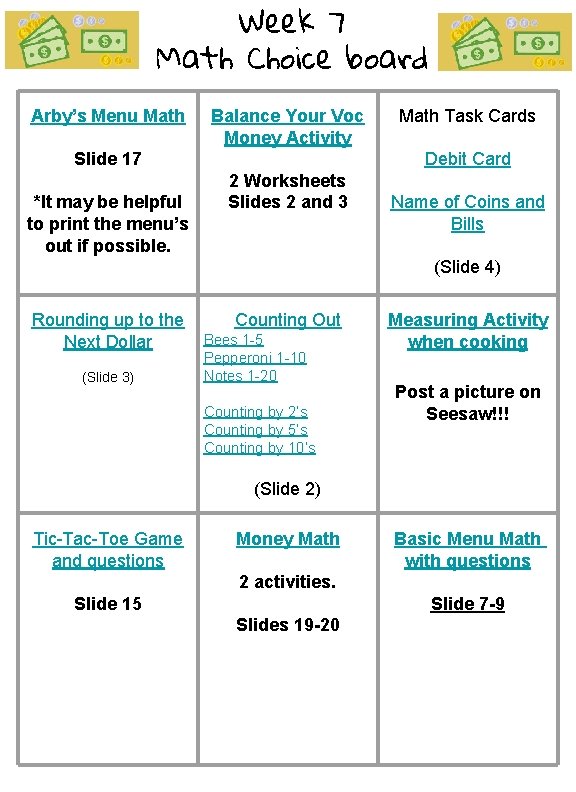 Week 7 Math Choice board Arby’s Menu Math Balance Your Voc Money Activity Slide