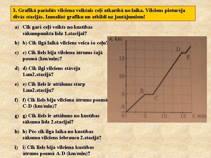 3. Grafikā parādīts vilciena veiktais ceļš atkarībā no laika. Vilciens pieturēja divās stacijās. Izanalizē