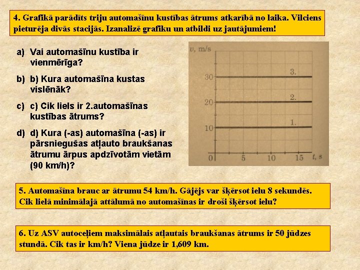 4. Grafikā parādīts triju automašīnu kustības ātrums atkarībā no laika. Vilciens pieturēja divās stacijās.