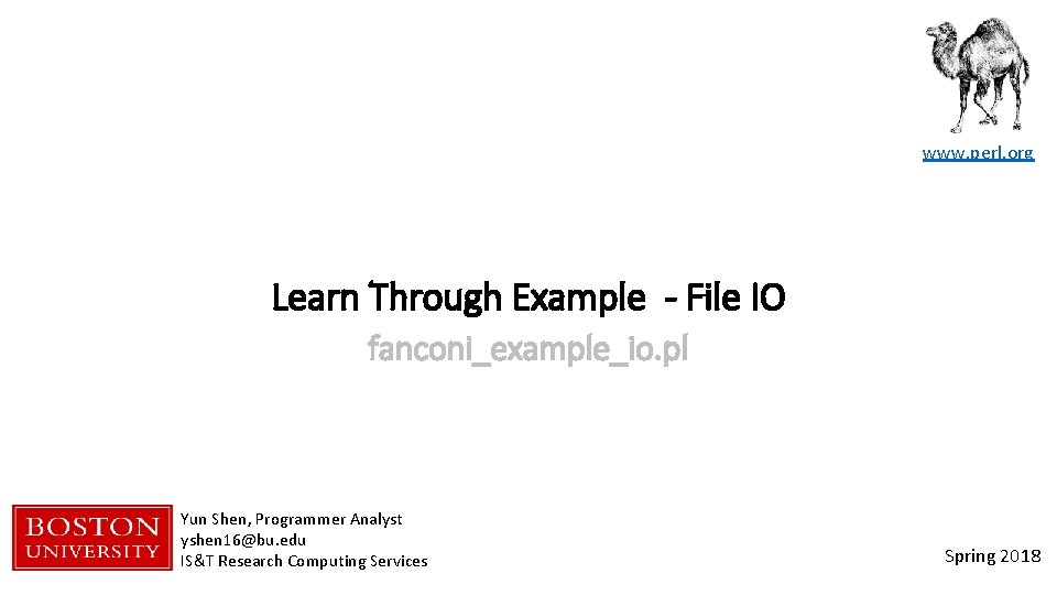 www. perl. org Learn Through Example - File IO fanconi_example_io. pl Yun Shen, Programmer