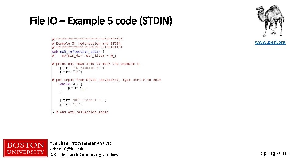 File IO – Example 5 code (STDIN) www. perl. org Yun Shen, Programmer Analyst