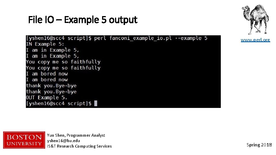 File IO – Example 5 output www. perl. org Yun Shen, Programmer Analyst yshen