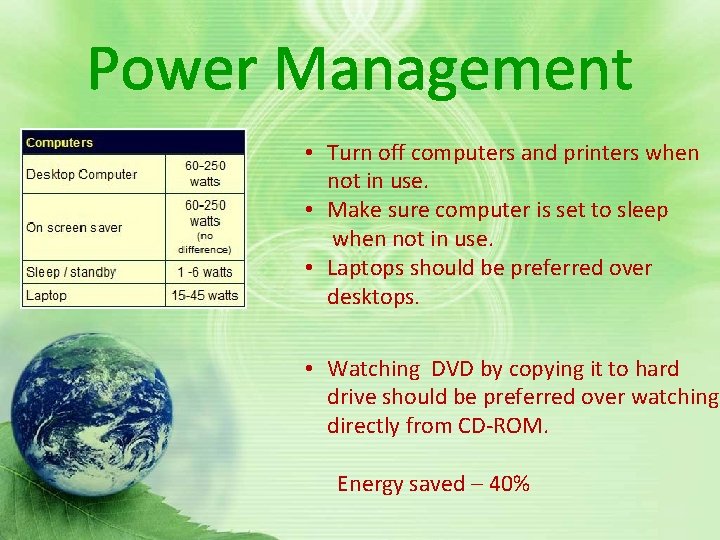 Power Management • Turn off computers and printers when not in use. • Make Power Management • Turn off computers and printers when not in use. • Make