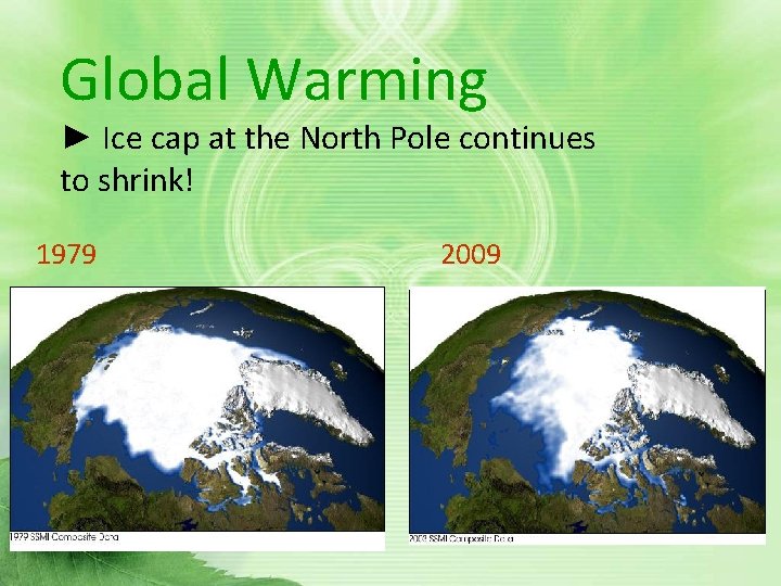 Global Warming ► Ice cap at the North Pole continues to shrink! 1979 2009 Global Warming ► Ice cap at the North Pole continues to shrink! 1979 2009