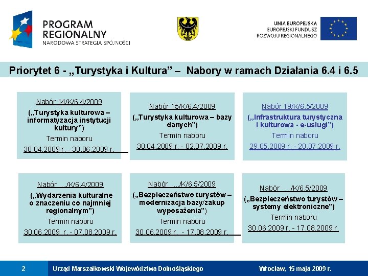 Priorytet 6 - , , Turystyka i Kultura” – Nabory w ramach Działania 6.