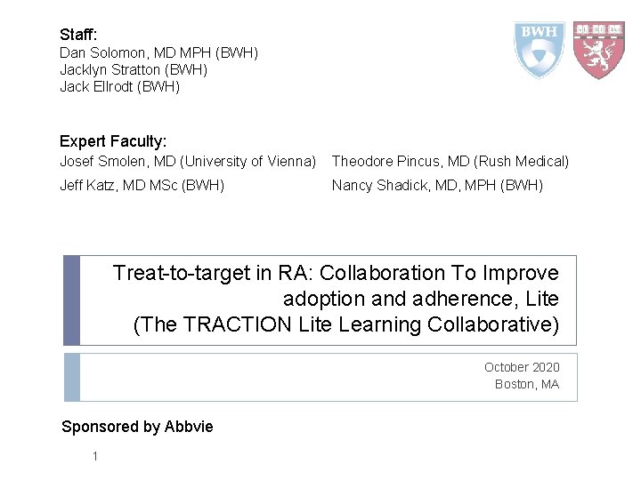 Staff: Dan Solomon, MD MPH (BWH) Jacklyn Stratton (BWH) Jack Ellrodt (BWH) Expert Faculty: