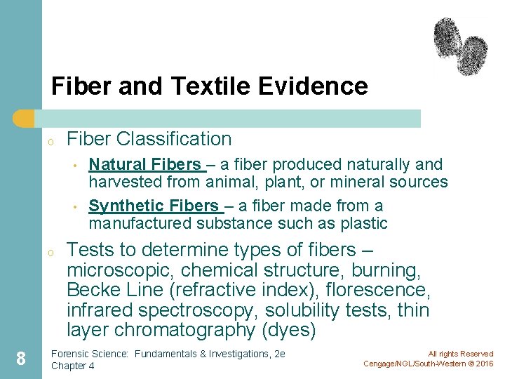 Fiber and Textile Evidence o Fiber Classification • • o 8 Natural Fibers –
