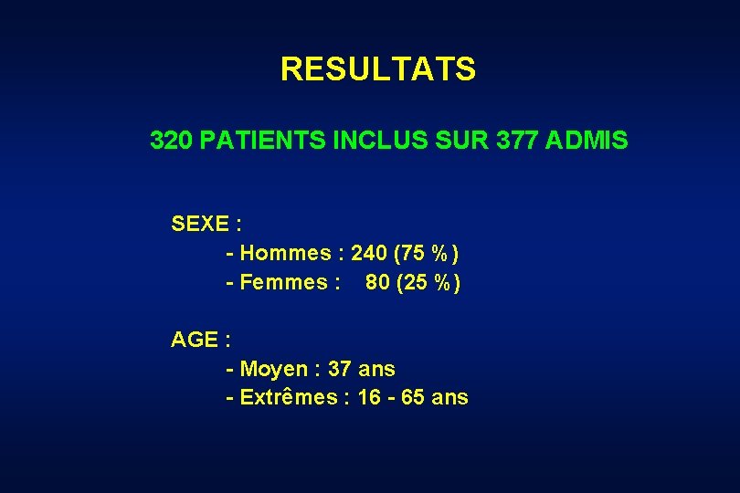 RESULTATS 320 PATIENTS INCLUS SUR 377 ADMIS SEXE : - Hommes : 240 (75