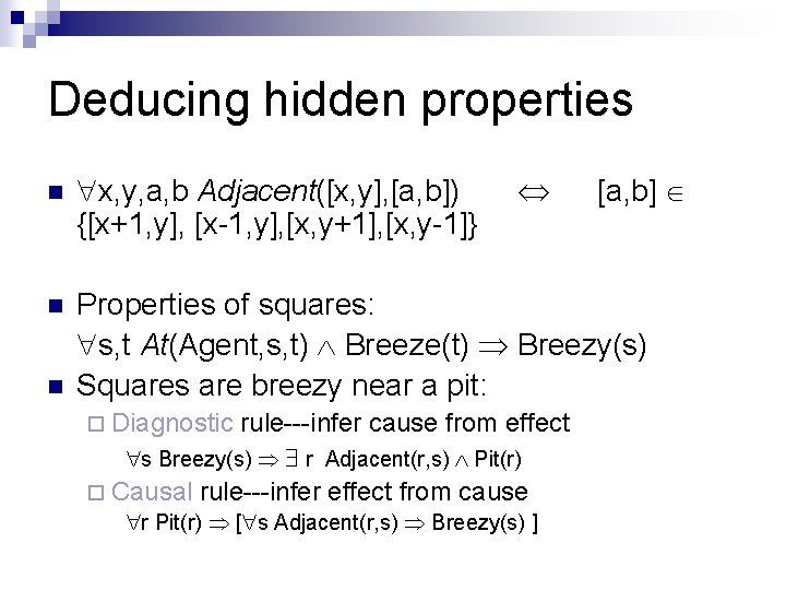 Deducing hidden properties n x, y, a, b Adjacent([x, y], [a, b]) {[x+1, y],