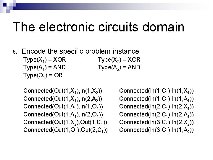 The electronic circuits domain 5. Encode the specific problem instance Type(X 1) = XOR