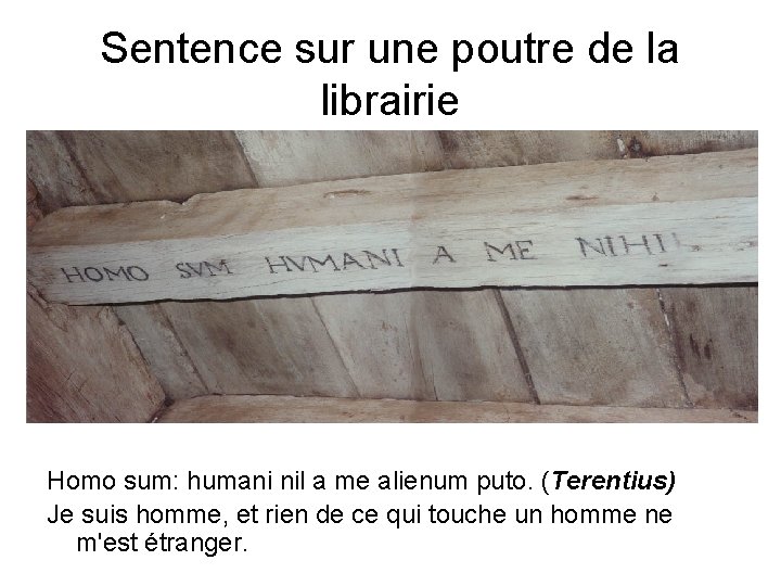 Sentence sur une poutre de la librairie Homo sum: humani nil a me alienum