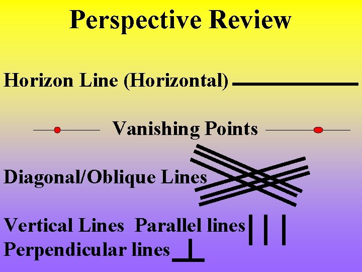 Perspective Review Horizon Line (Horizontal) Vanishing Points Diagonal/Oblique Lines Vertical Lines Parallel lines Perpendicular