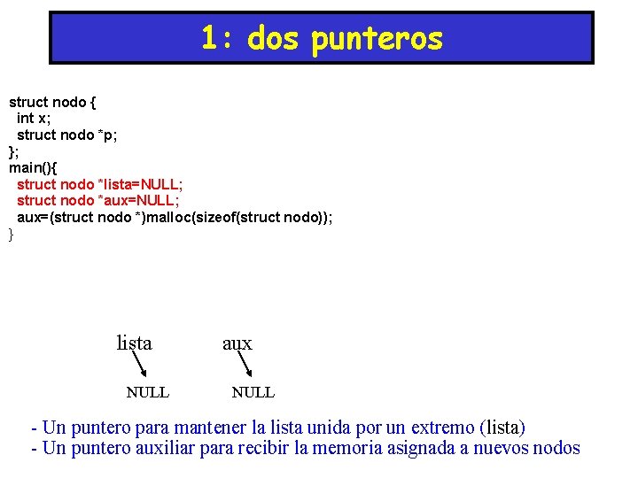 1: dos punteros struct nodo { int x; struct nodo *p; }; main(){ struct 1: dos punteros struct nodo { int x; struct nodo *p; }; main(){ struct