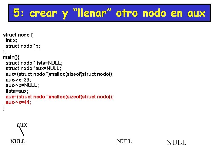 5: crear y “llenar” otro nodo en aux struct nodo { int x; struct 5: crear y “llenar” otro nodo en aux struct nodo { int x; struct