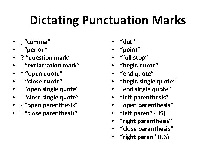 Dictating Punctuation Marks • • • , “comma”. “period” ? “question mark” ! “exclamation