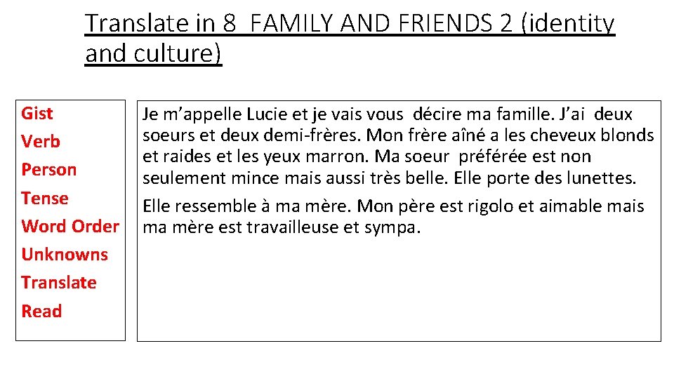 Translate in 8 FAMILY AND FRIENDS 2 (identity and culture) Gist Verb Person Tense