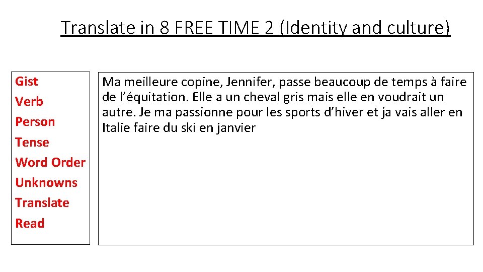 Translate in 8 FREE TIME 2 (Identity and culture) Gist Verb Person Tense Word