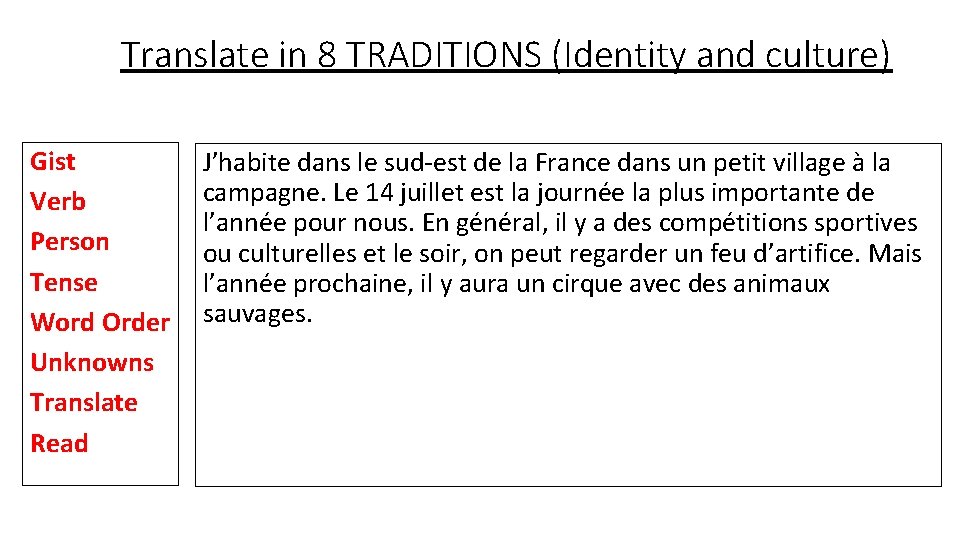 Translate in 8 TRADITIONS (Identity and culture) Gist Verb Person Tense Word Order Unknowns