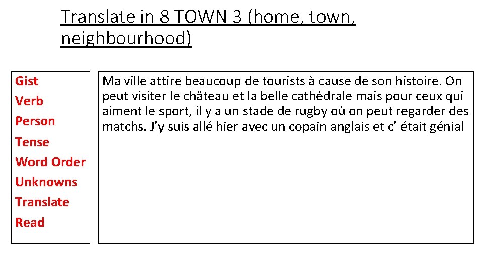 Translate in 8 TOWN 3 (home, town, neighbourhood) Gist Verb Person Tense Word Order