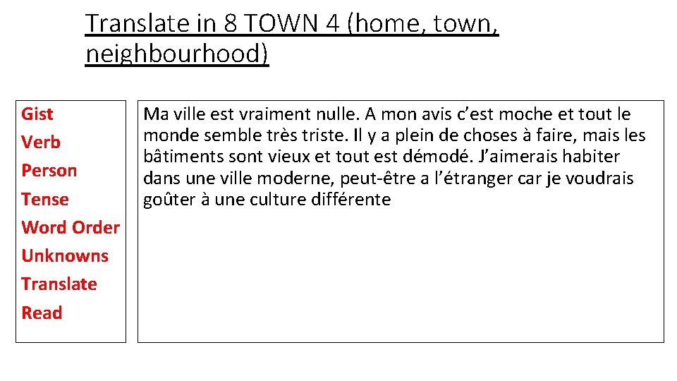 Translate in 8 TOWN 4 (home, town, neighbourhood) Gist Verb Person Tense Word Order