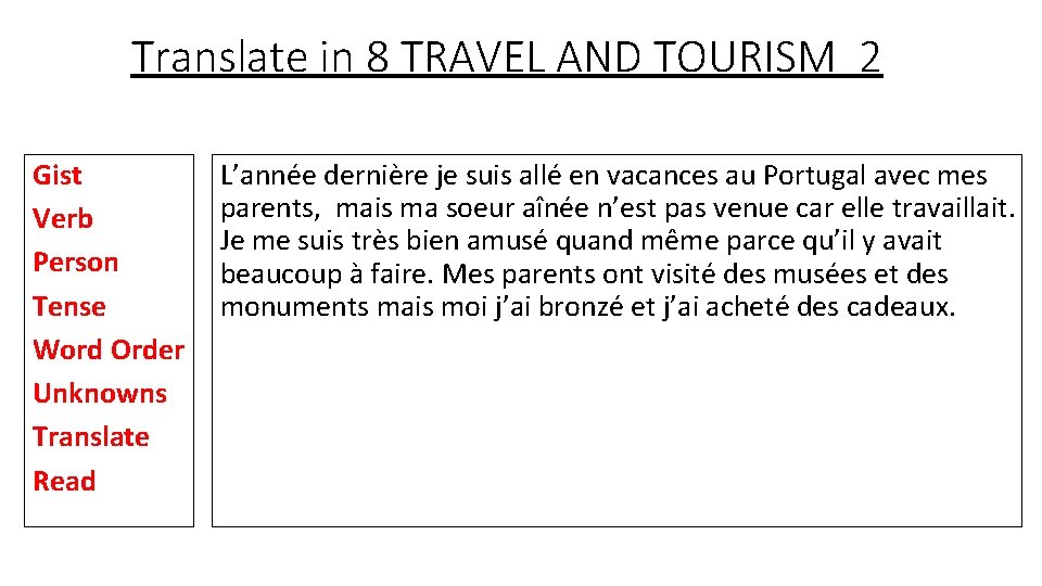 Translate in 8 TRAVEL AND TOURISM 2 Gist Verb Person Tense Word Order Unknowns